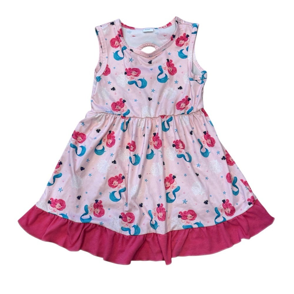Toddler girl pink sleeveless dress with a mermaid print and a ruffled hem 4-5 Y